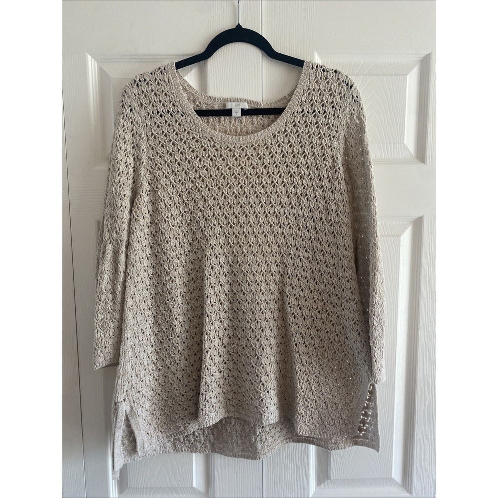 J. Jill Open Knit Crochet Sweater Womens Size M Tan Boho Bell Sleeve Pullover